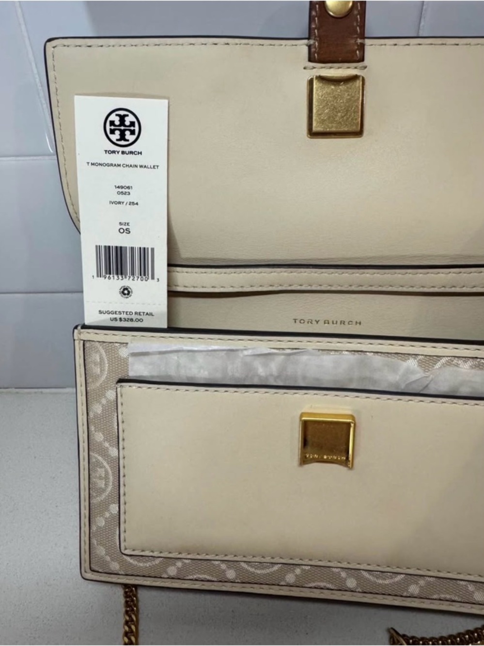 Tory Burch Beige Logo-Pattern Flap Crossbody with Brown Strap - Picture 6 of 9